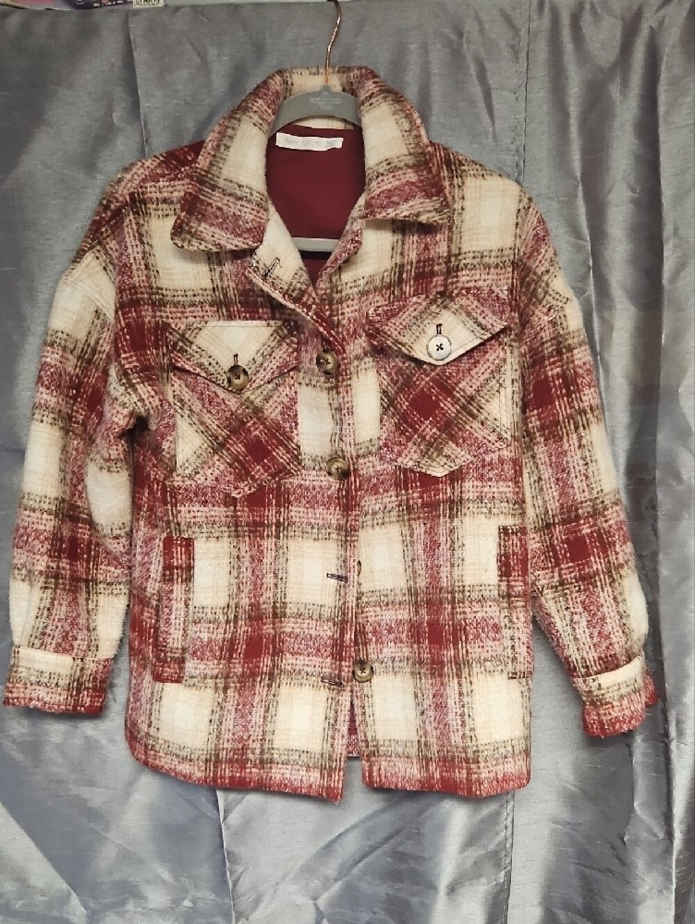 Plaid Button-Front Shacket Jacket - Red & Cream